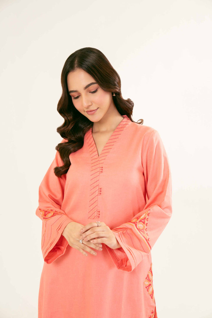 Embroidered Coral Karandi Suit