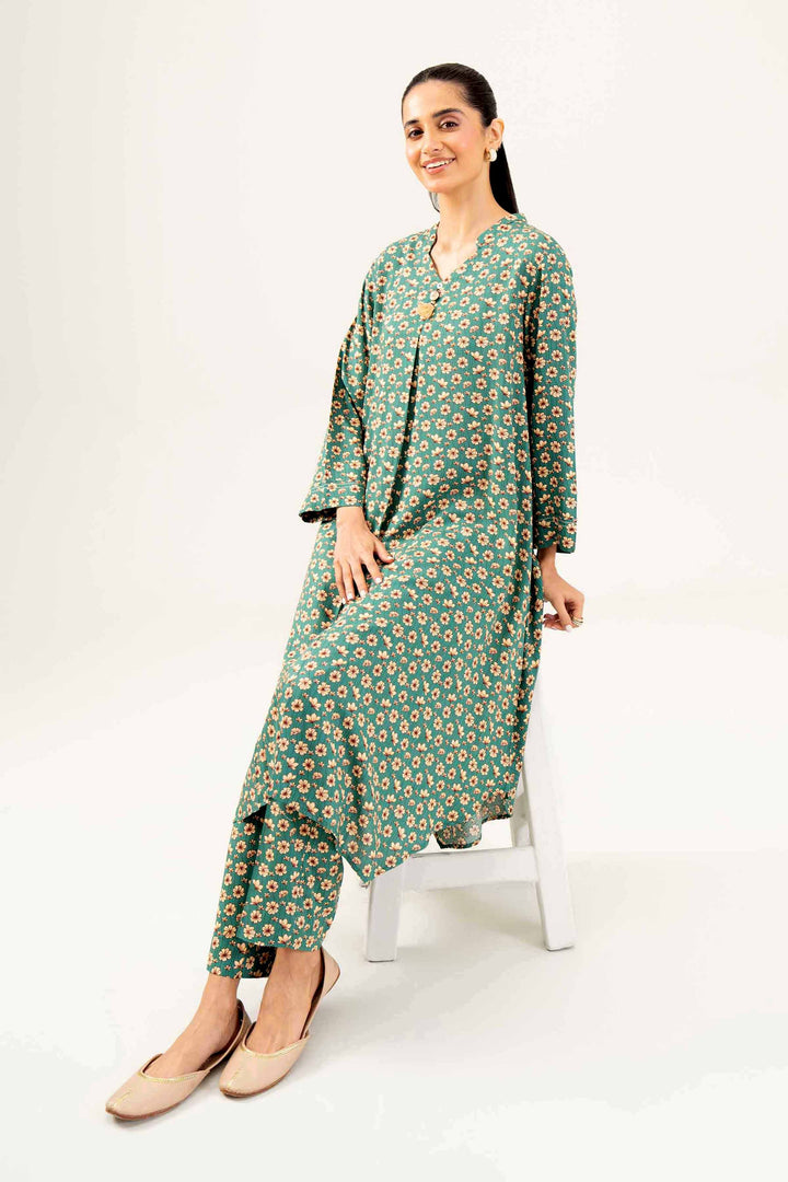 2 Piece Printed Green Winter Linen Suit