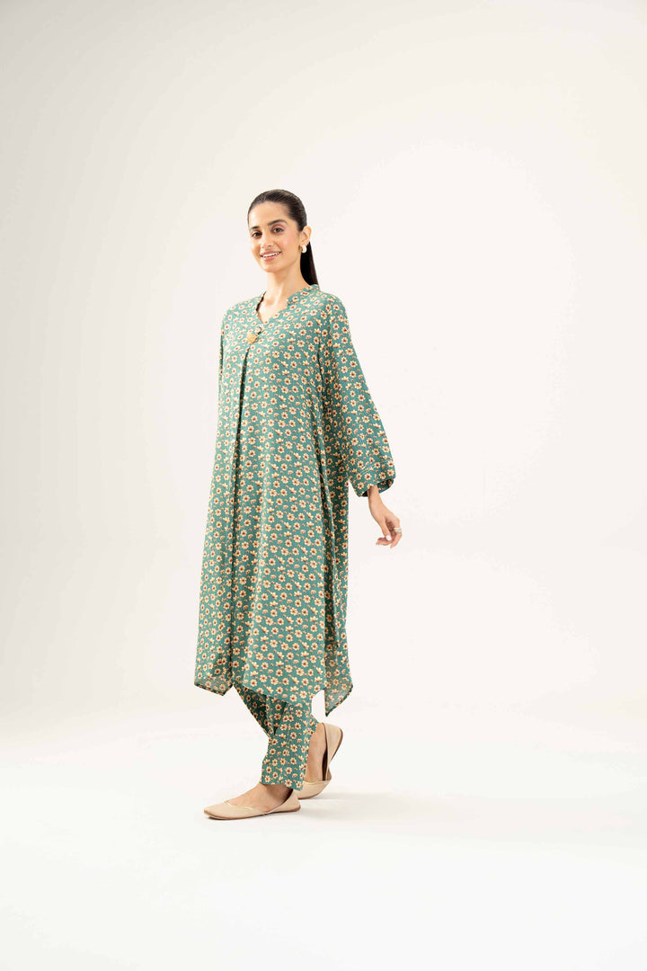 2 Piece Printed Green Winter Linen Suit