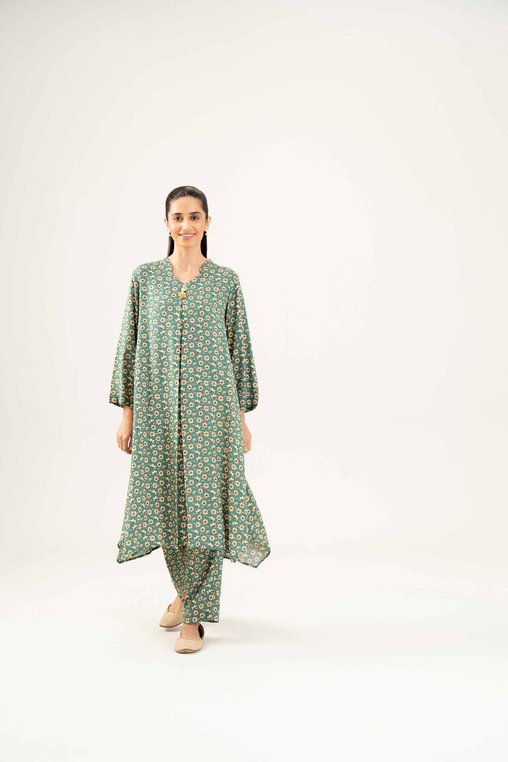 2 Piece Printed Green Winter Linen Suit