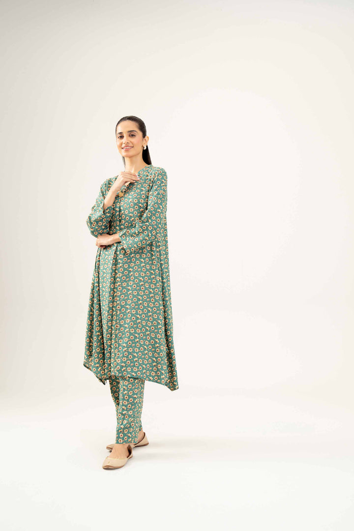 2 Piece Printed Green Winter Linen Suit