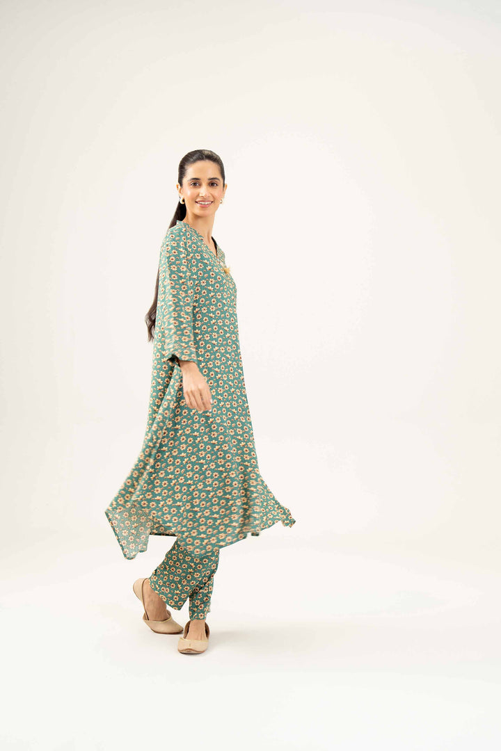 2 Piece Printed Green Winter Linen Suit