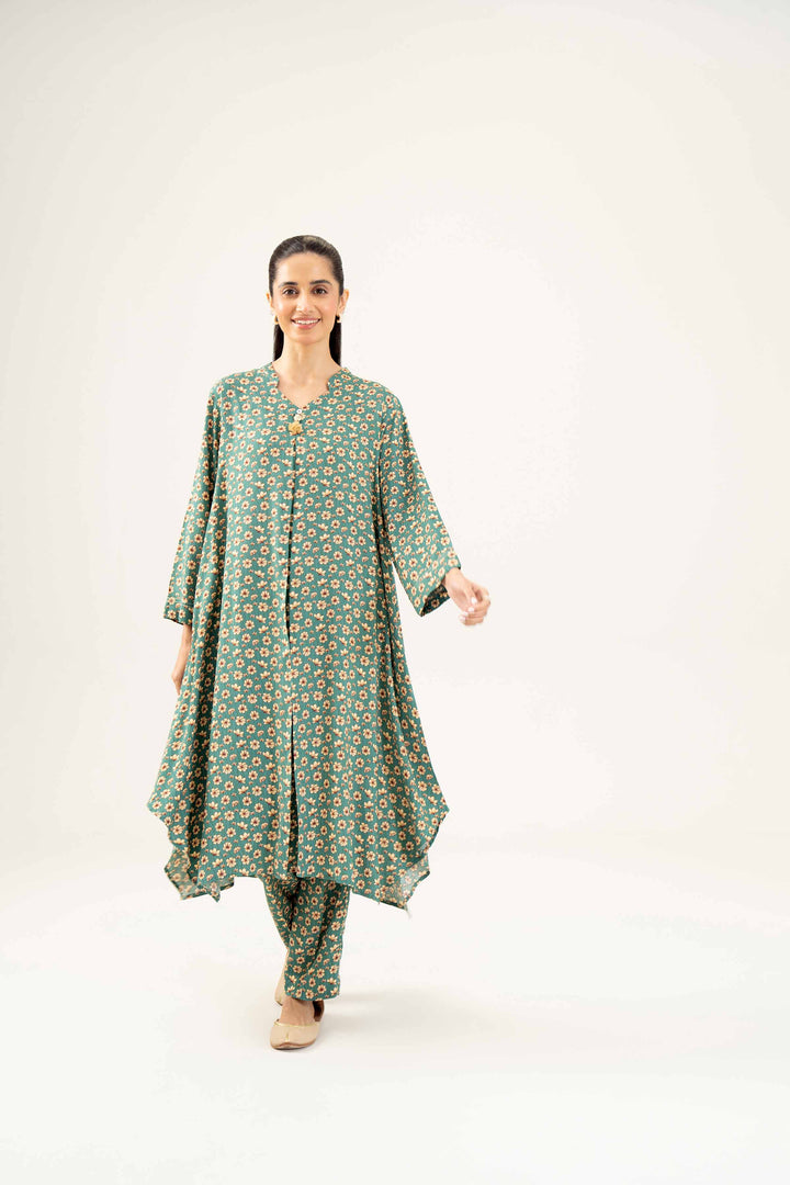 2 Piece Printed Green Winter Linen Suit