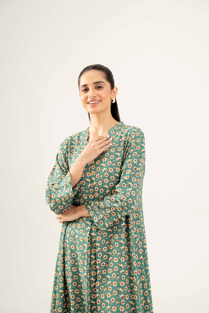 2 Piece Printed Green Winter Linen Suit