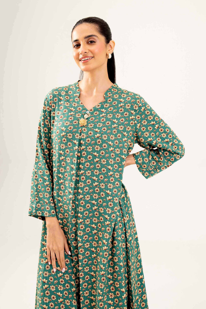 2 Piece Printed Green Winter Linen Suit