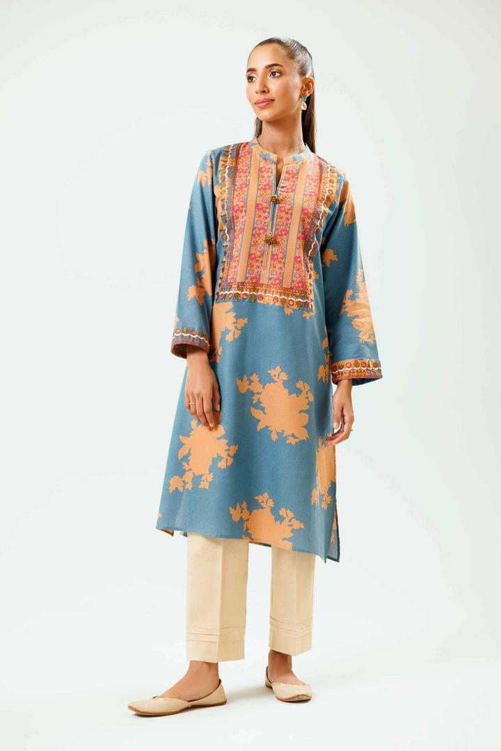 Printed Embroidered Blue & Karandi Winter Suit