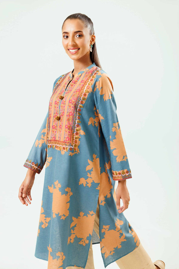 Printed Embroidered Blue & Karandi Winter Suit