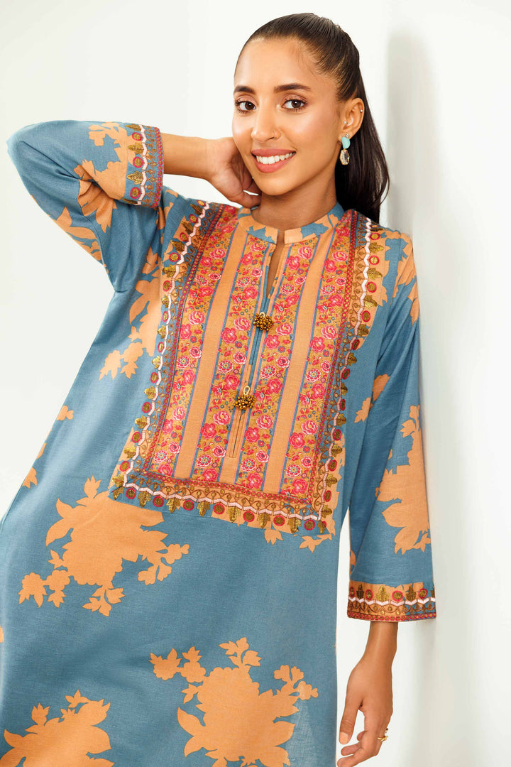 Printed Embroidered Blue & Karandi Winter Suit