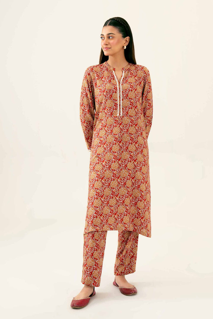 2 Piece Printed Maroon Linen Winter Suit