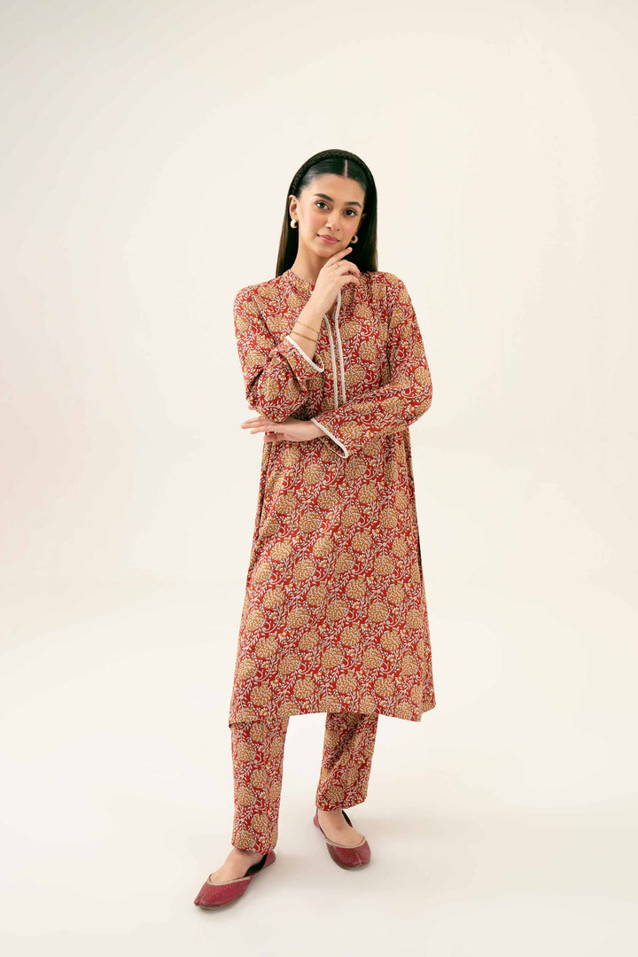 2 Piece Printed Maroon Linen Winter Suit