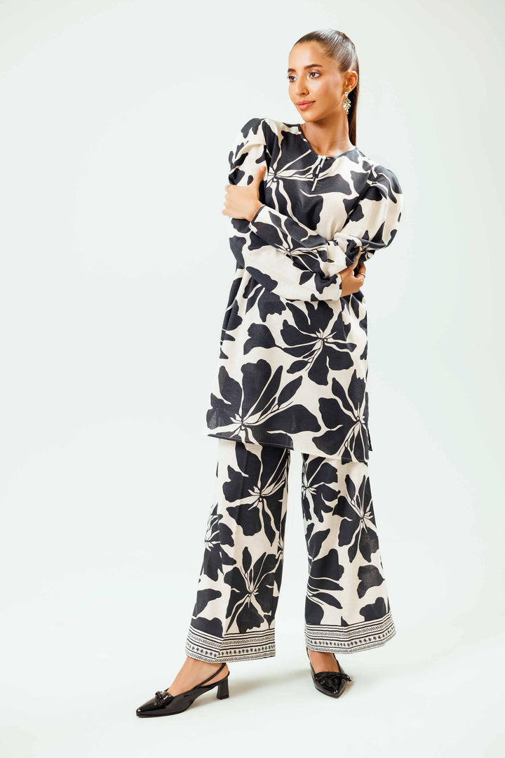 2 Piece Printed Black & White Karandi Winter Co-Ord Set