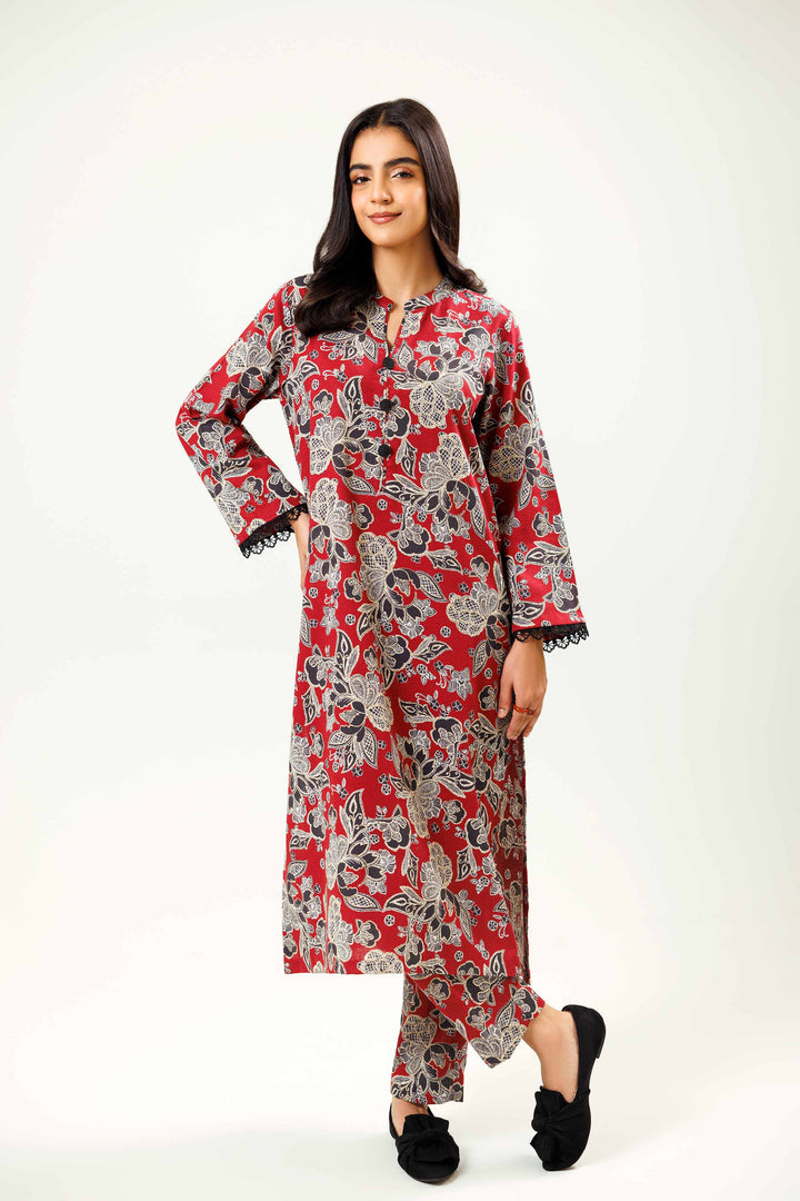 2 Piece Printed Maroon Karandi Winter Co-Ord Set