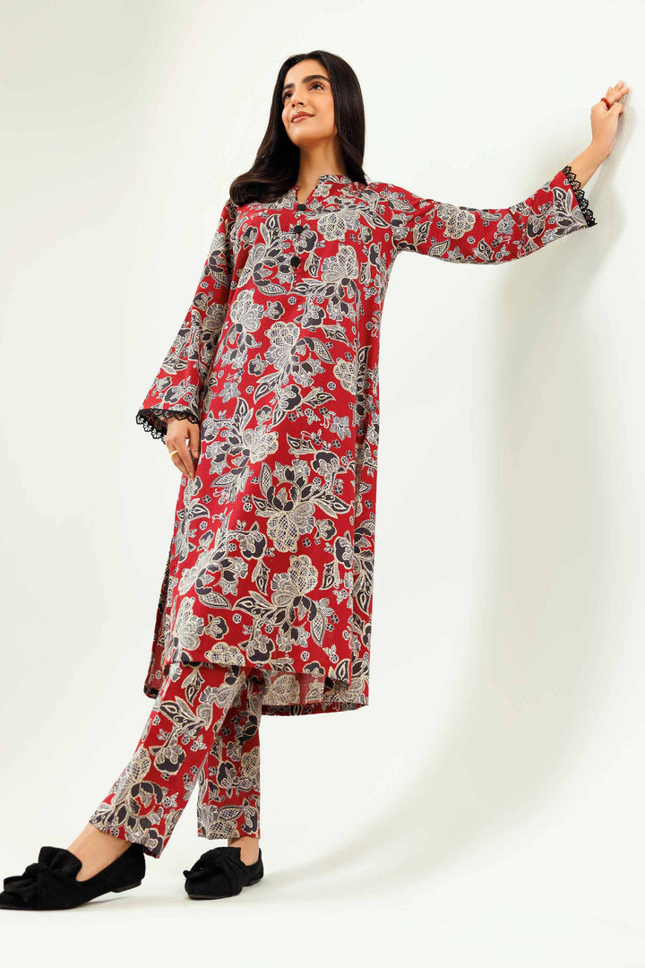 2 Piece Printed Maroon Karandi Winter Co-Ord Set