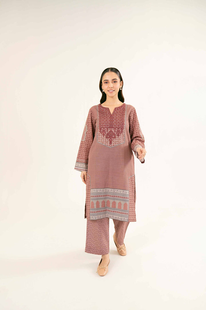 Printed Embroidered Maroon & Pink Khaddar Suit