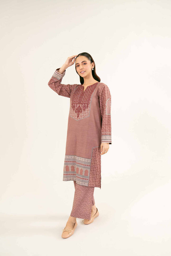 Printed Embroidered Maroon & Pink Khaddar Suit