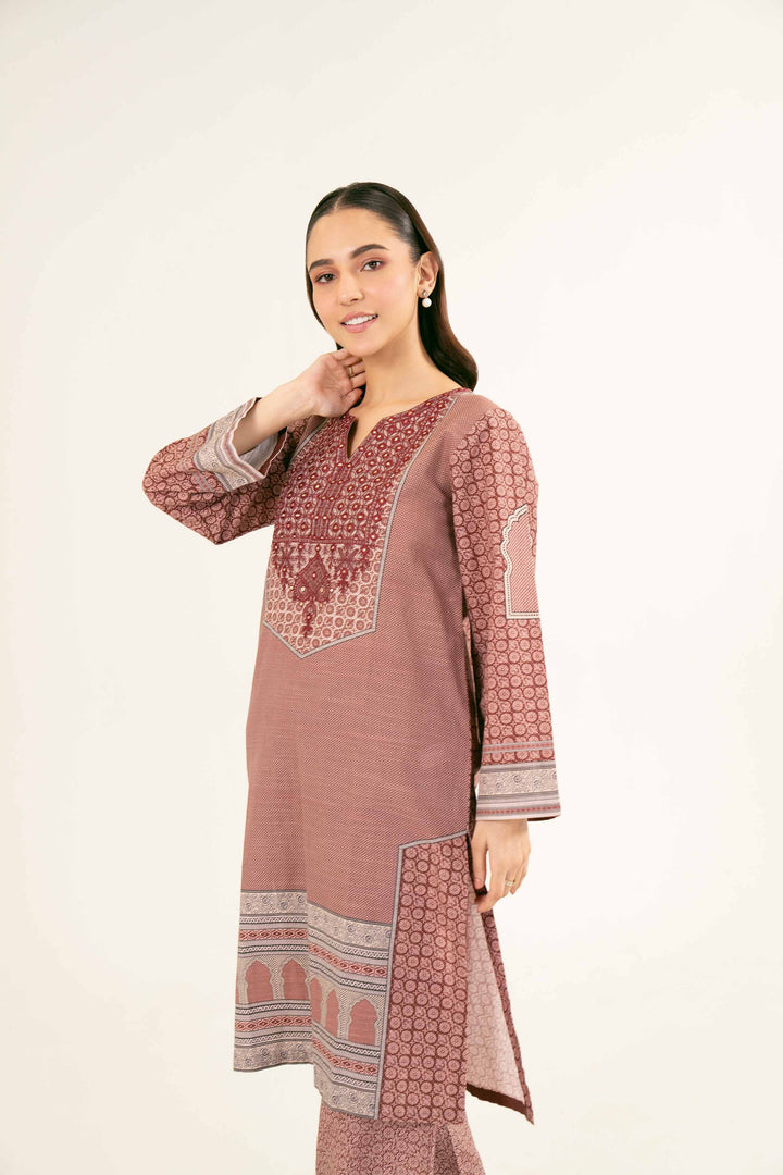 Printed Embroidered Maroon & Pink Khaddar Suit