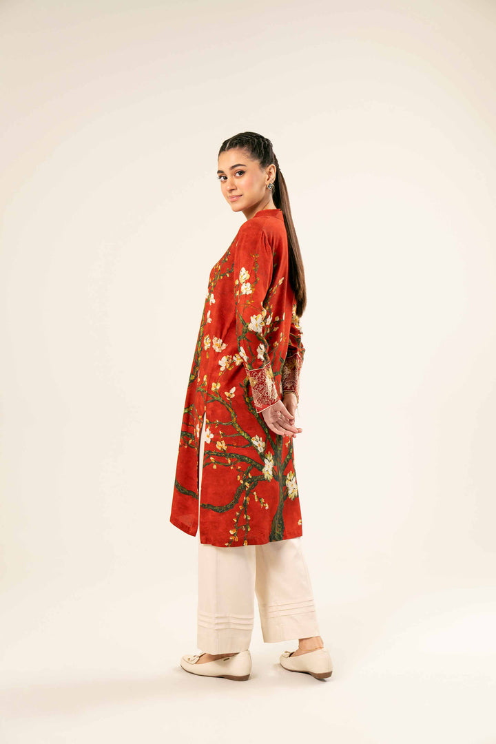 Linen Red Printed Embroidered Shirt