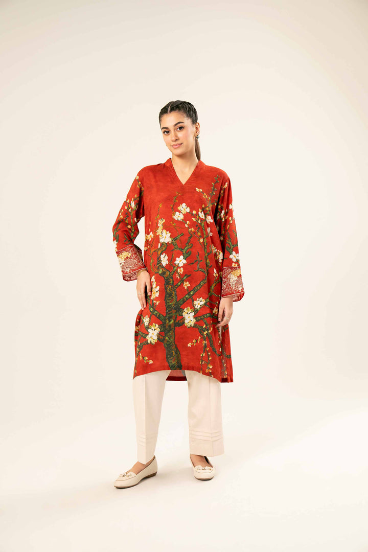 Linen Red Printed Embroidered Shirt