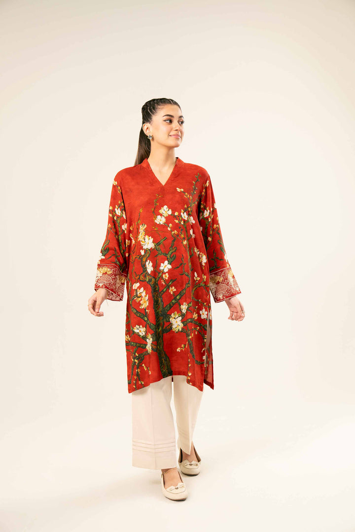 Linen Red Printed Embroidered Shirt