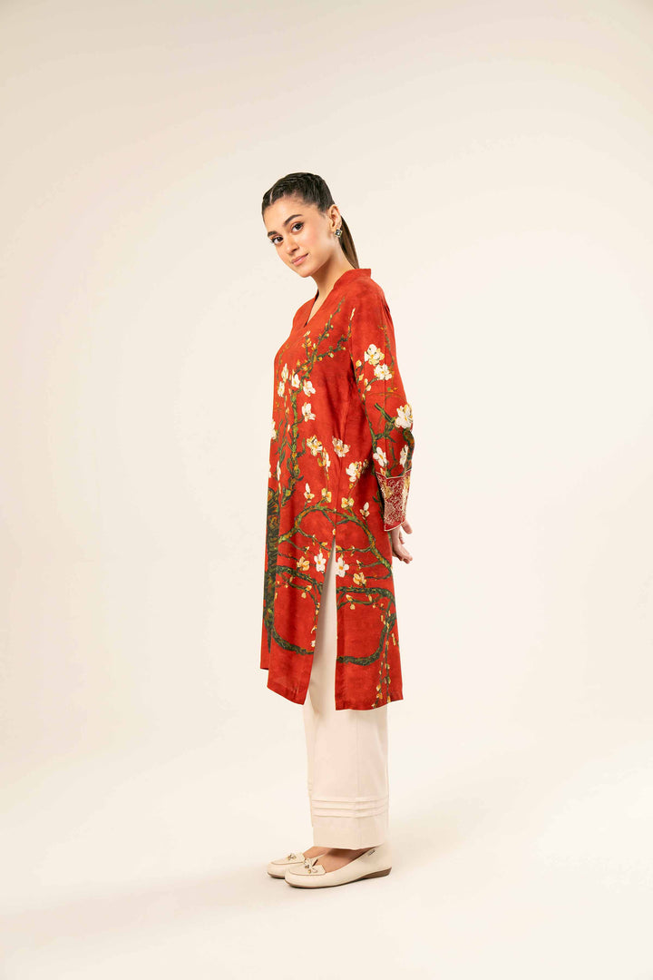 Linen Red Printed Embroidered Shirt