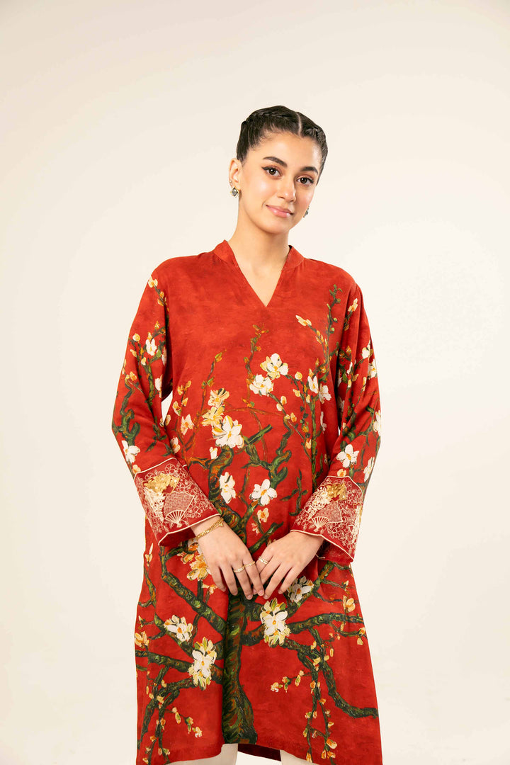 Linen Red Printed Embroidered Shirt