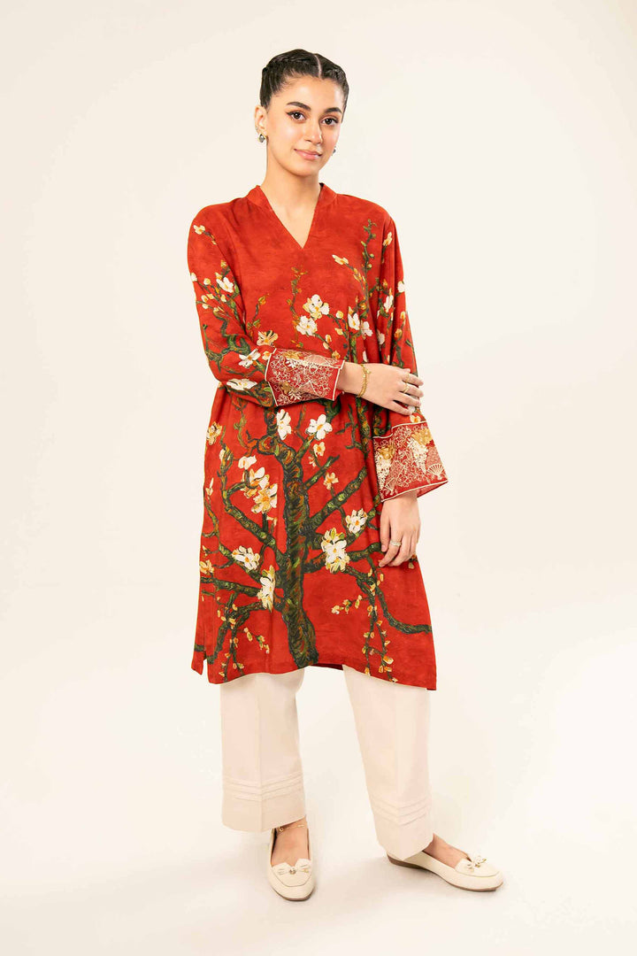 Linen Red Printed Embroidered Shirt