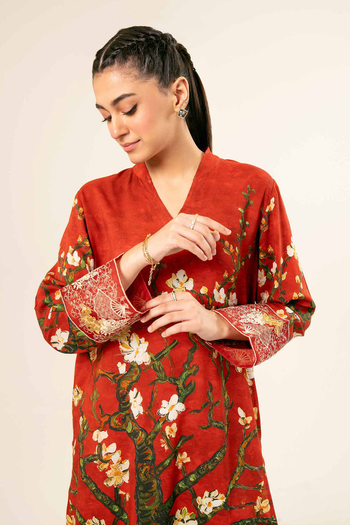 Linen Red Printed Embroidered Shirt