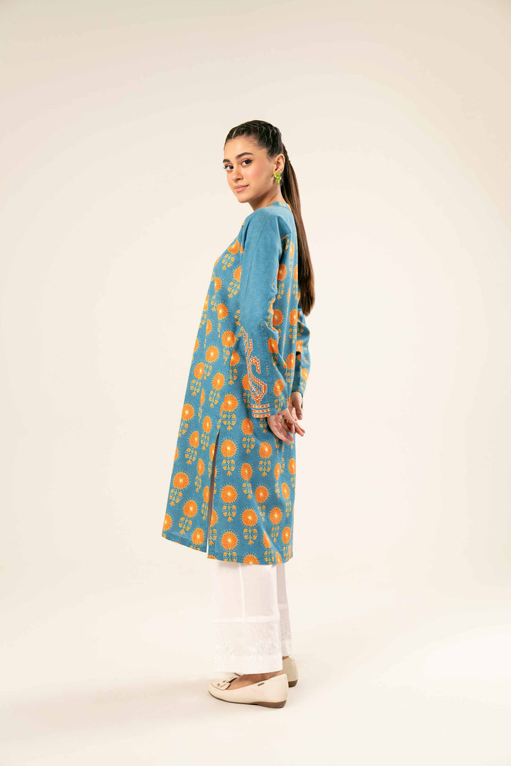 Karandi Blue Printed Embroidered Shirt