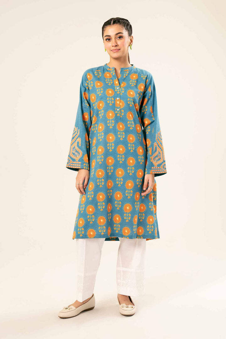 Karandi Blue Printed Embroidered Shirt