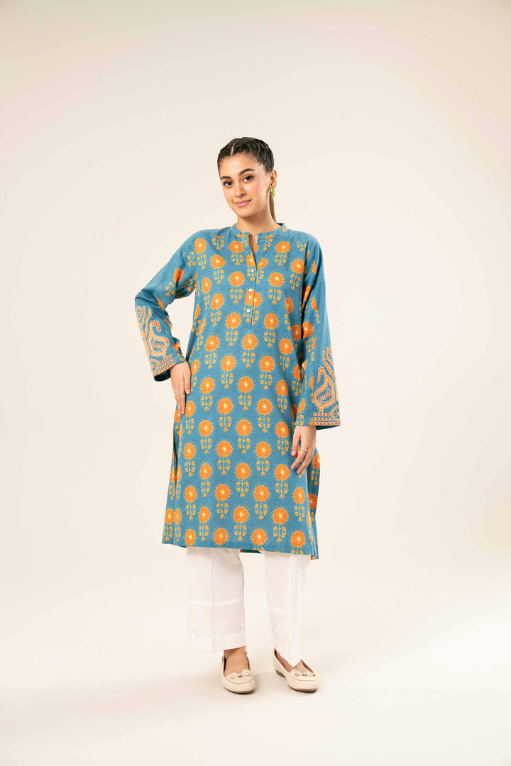 Karandi Blue Printed Embroidered Shirt