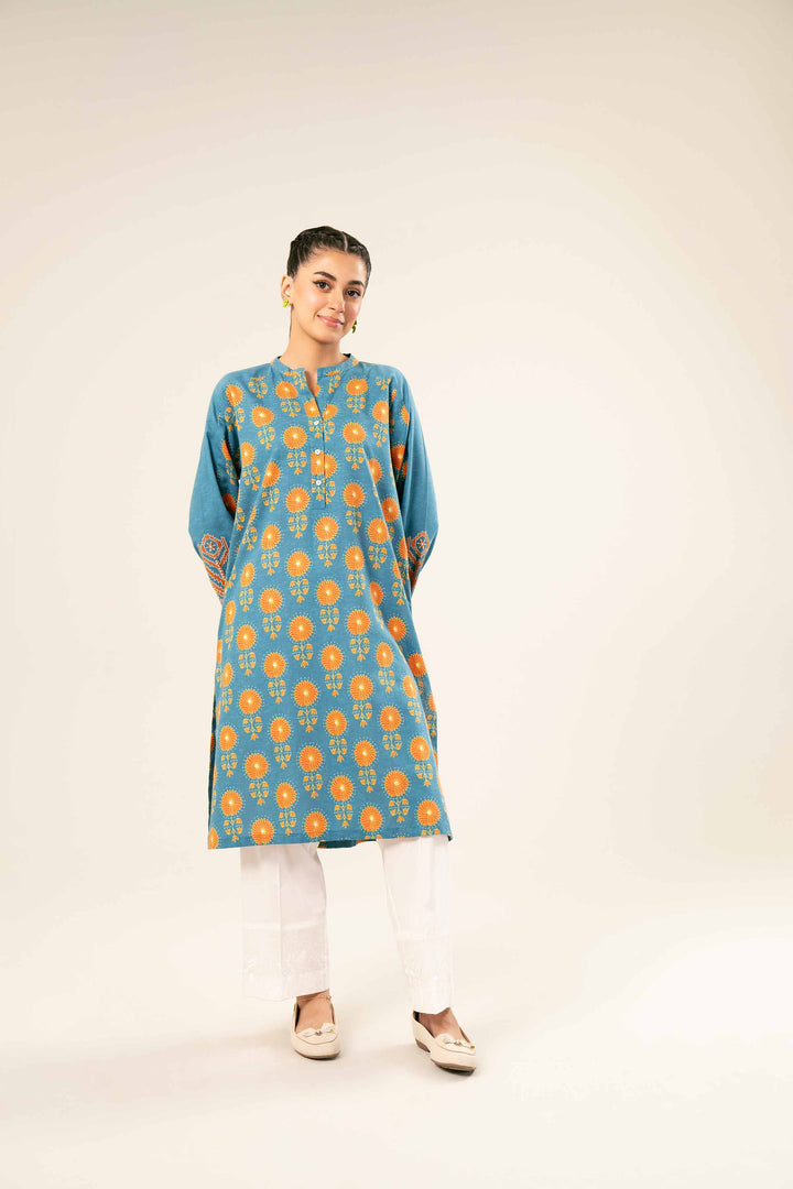 Karandi Blue Printed Embroidered Shirt