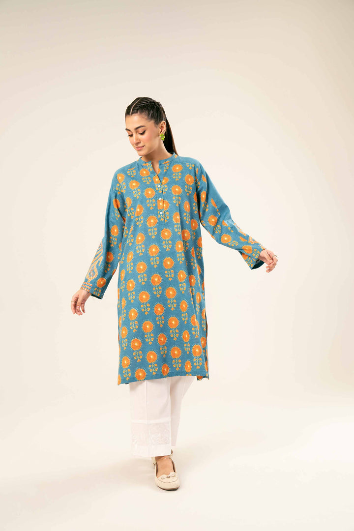 Karandi Blue Printed Embroidered Shirt