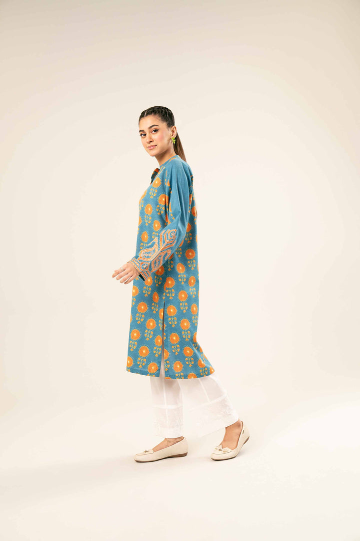 Karandi Blue Printed Embroidered Shirt