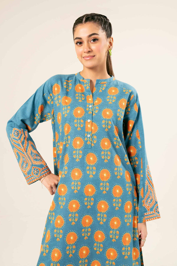 Karandi Blue Printed Embroidered Shirt