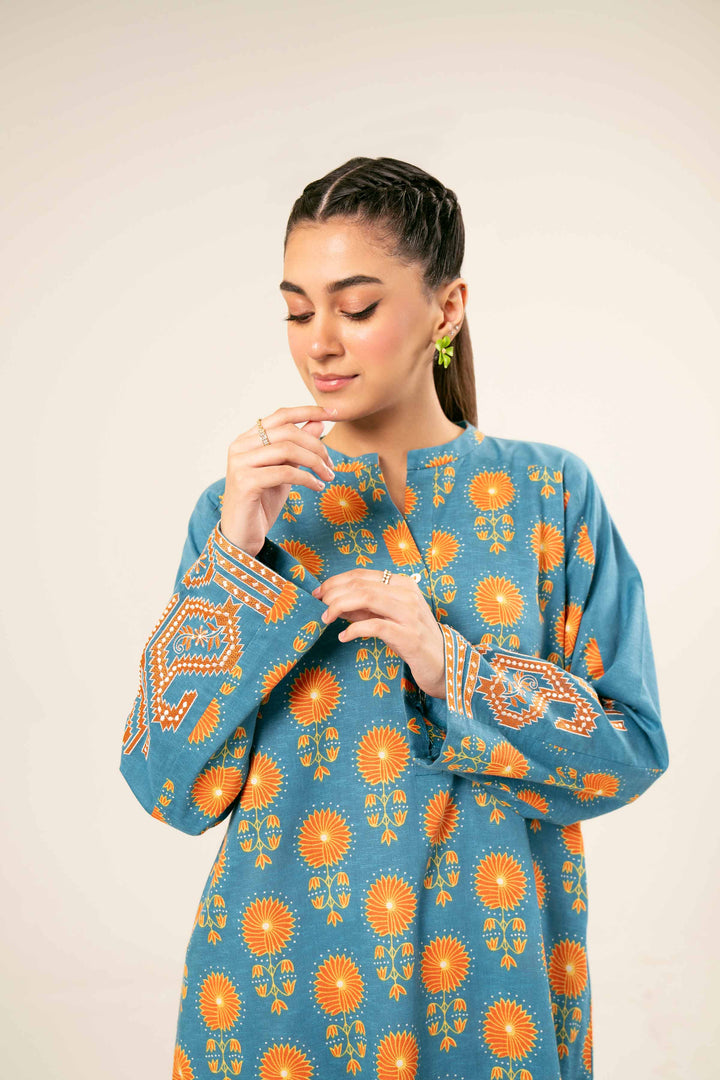 Karandi Blue Printed Embroidered Shirt