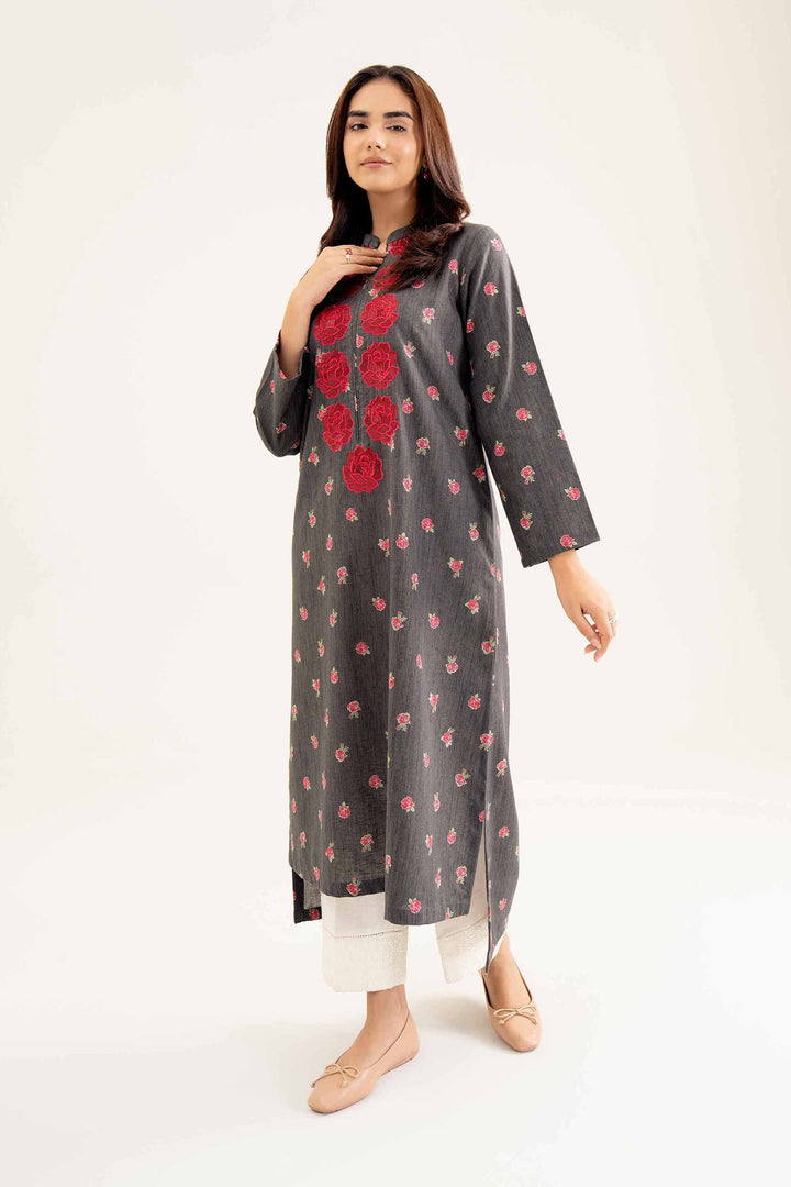 Karandi Grey Printed Embroidered Winter Shirt