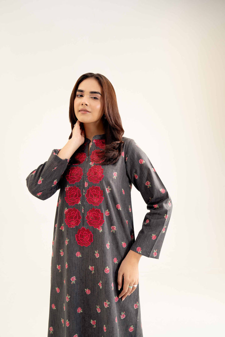 Karandi Grey Printed Embroidered Winter Shirt