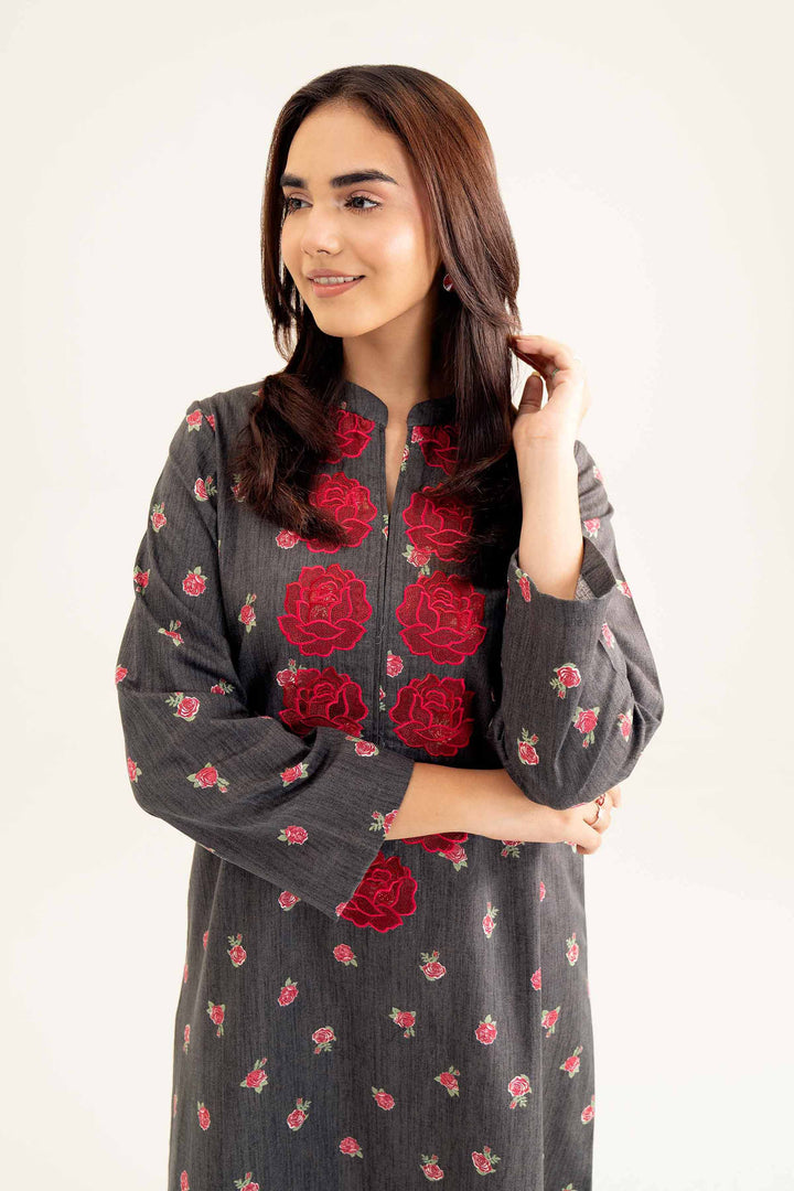 Karandi Grey Printed Embroidered Winter Shirt