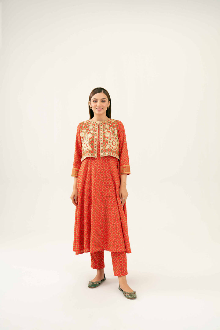 3 Piece Printed Embroidered Red Winter Karandi Suit