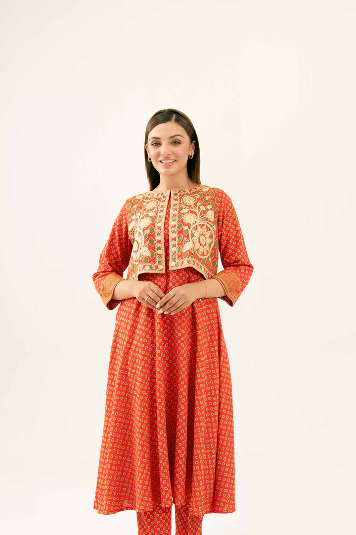 3 Piece Printed Embroidered Red Winter Karandi Suit