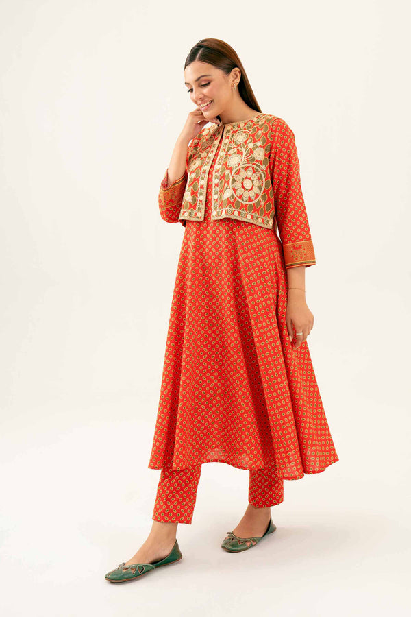 3 Piece Printed Embroidered Red Winter Karandi Suit