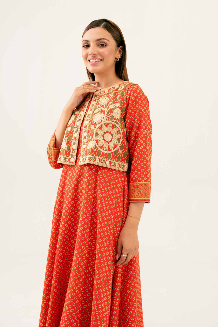 3 Piece Printed Embroidered Red Winter Karandi Suit