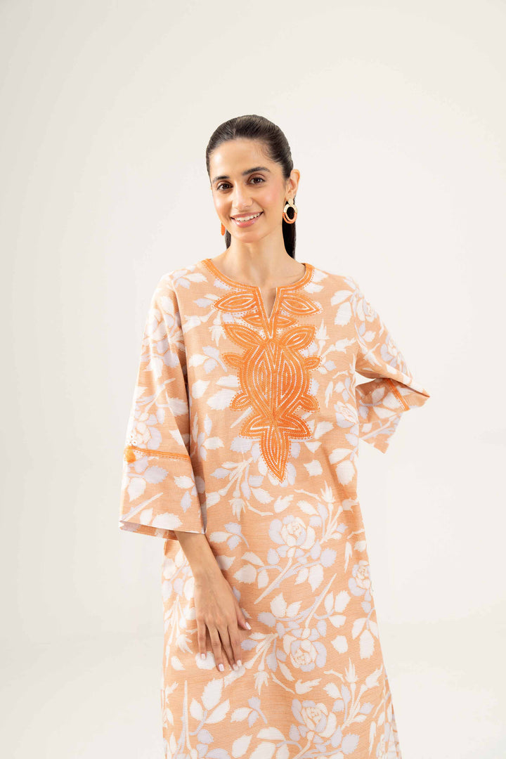 Printed Embroidered Orange Winter Khaddar Shirt