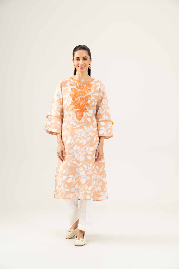 Printed Embroidered Orange Winter Khaddar Shirt