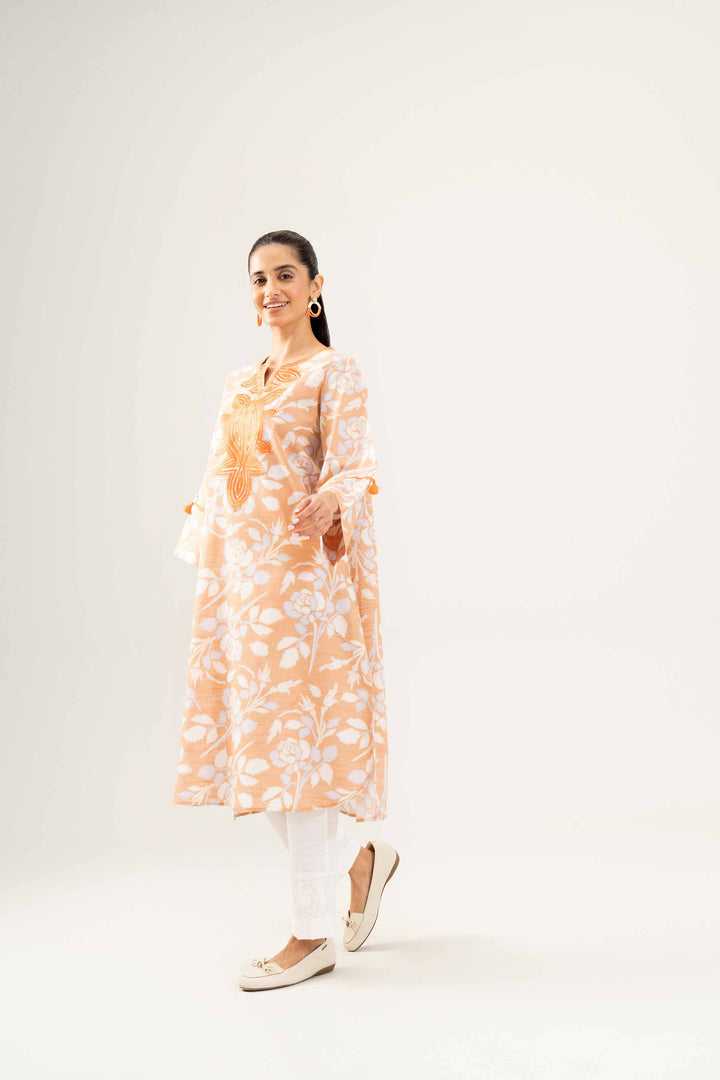 Printed Embroidered Orange Winter Khaddar Shirt