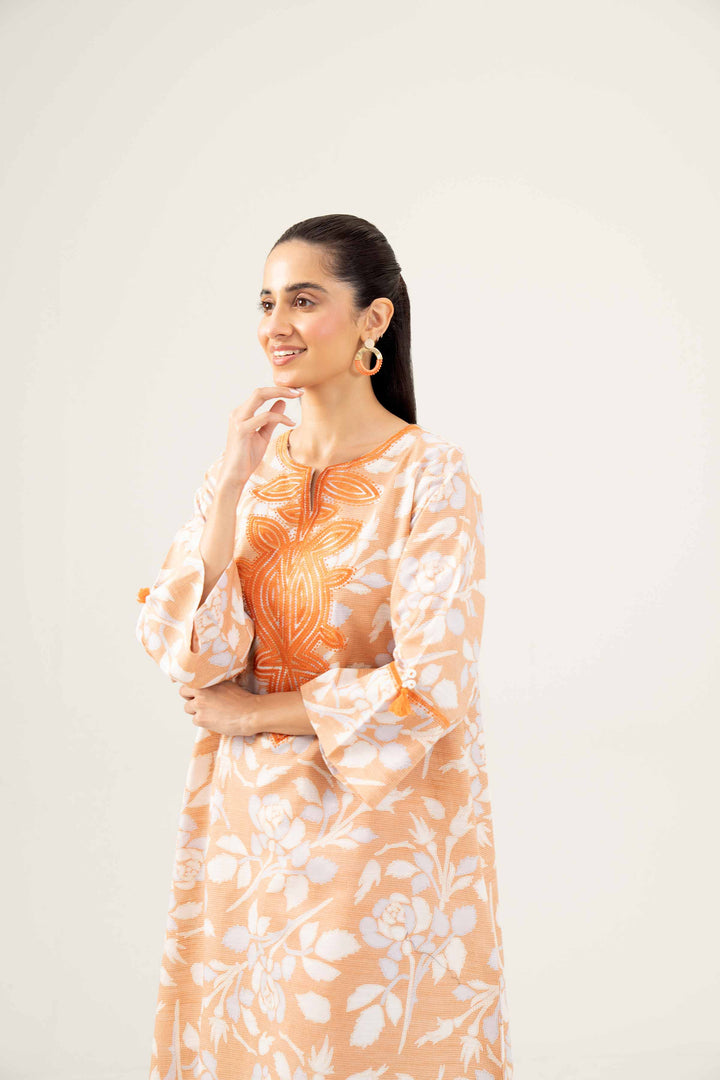 Printed Embroidered Orange Winter Khaddar Shirt