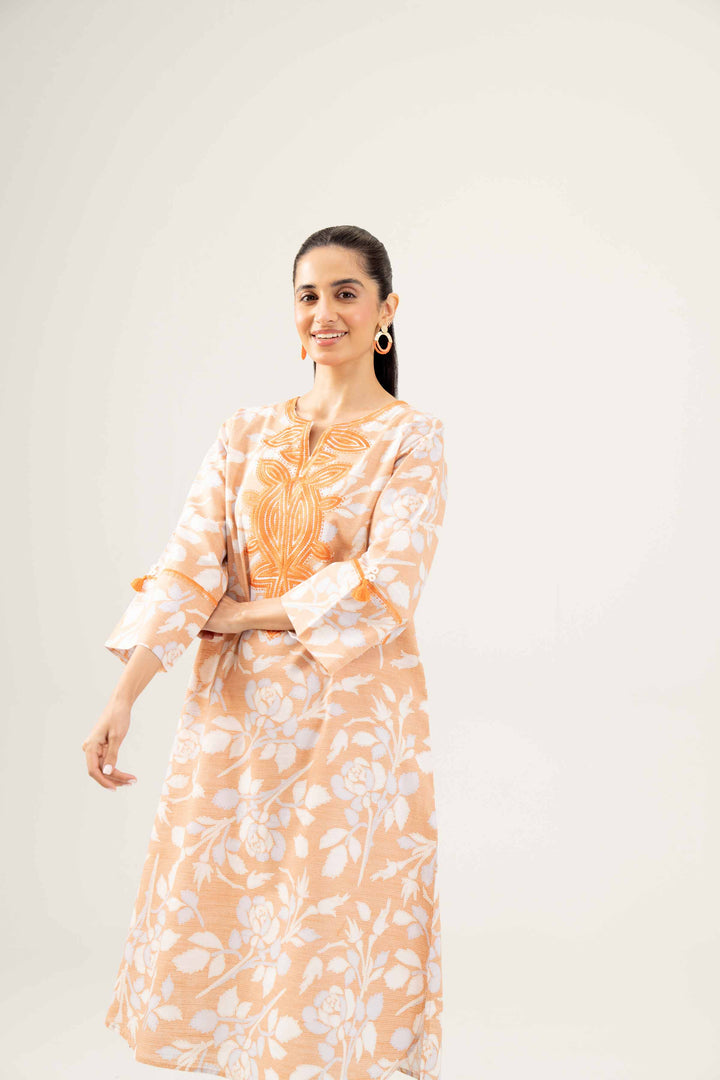 Printed Embroidered Orange Winter Khaddar Shirt