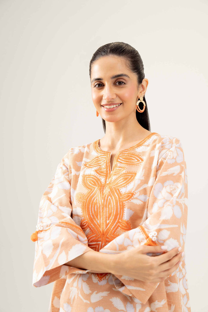 Printed Embroidered Orange Winter Khaddar Shirt