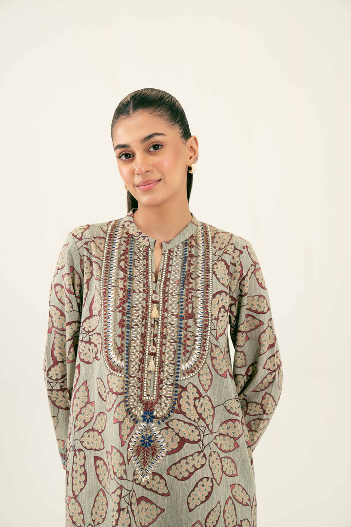 Printed Embroidered Green Winter Karandir Shirt