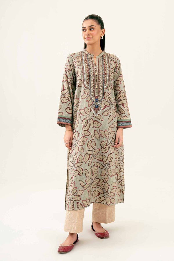 Printed Embroidered Green Winter Karandir Shirt